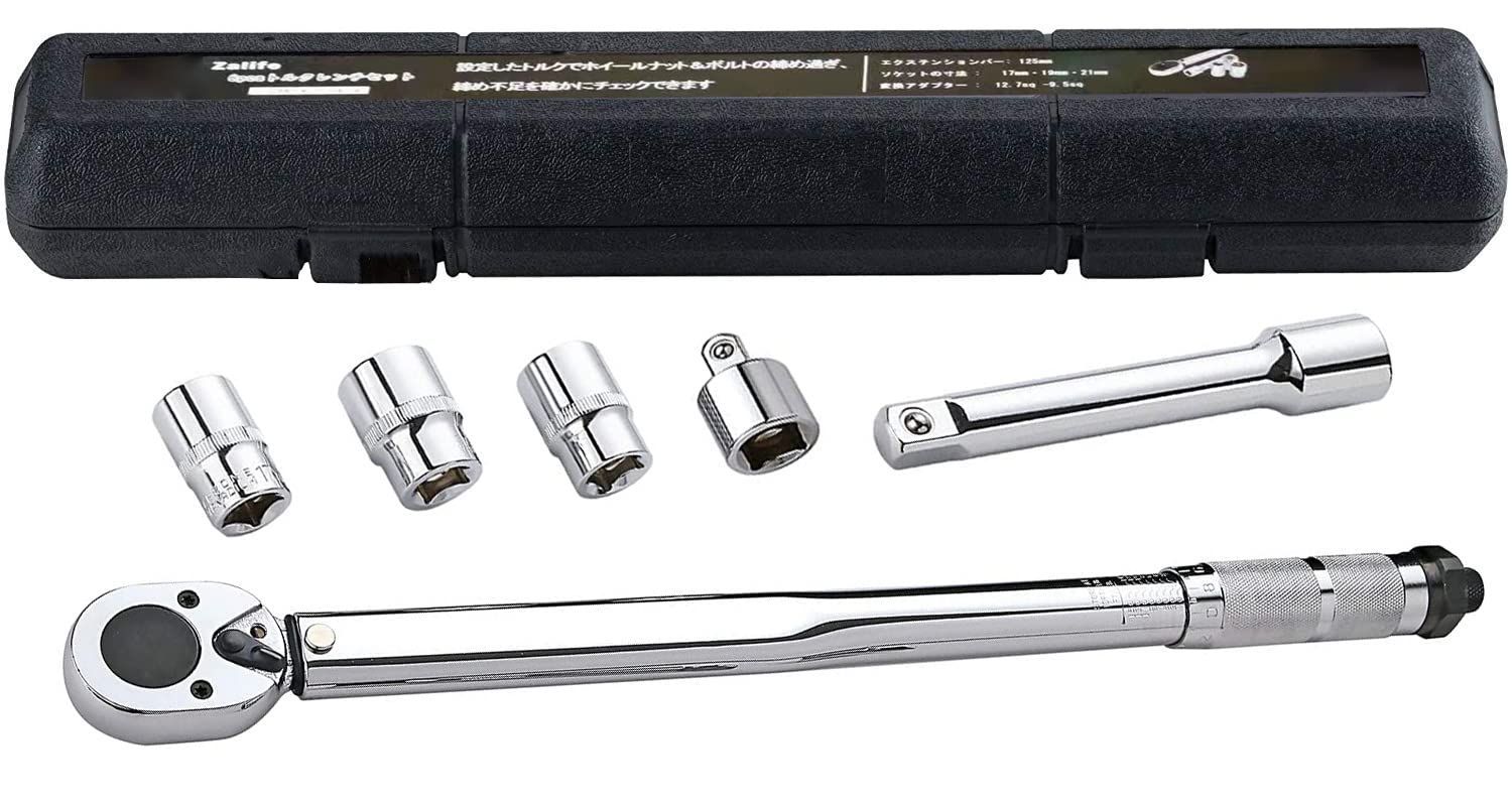 トルクレンチセット 差込角12.7mm(1/2インチ)ソケット3個付(/17/19/21アダプター/mm)12.7sq -9.5sq変換アダプター+エクステンション ケース付 28-210N・m対応