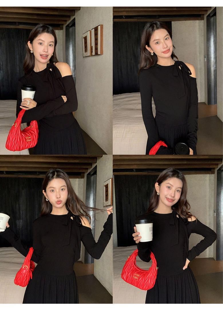 春のワンショルダーロングニットドレス