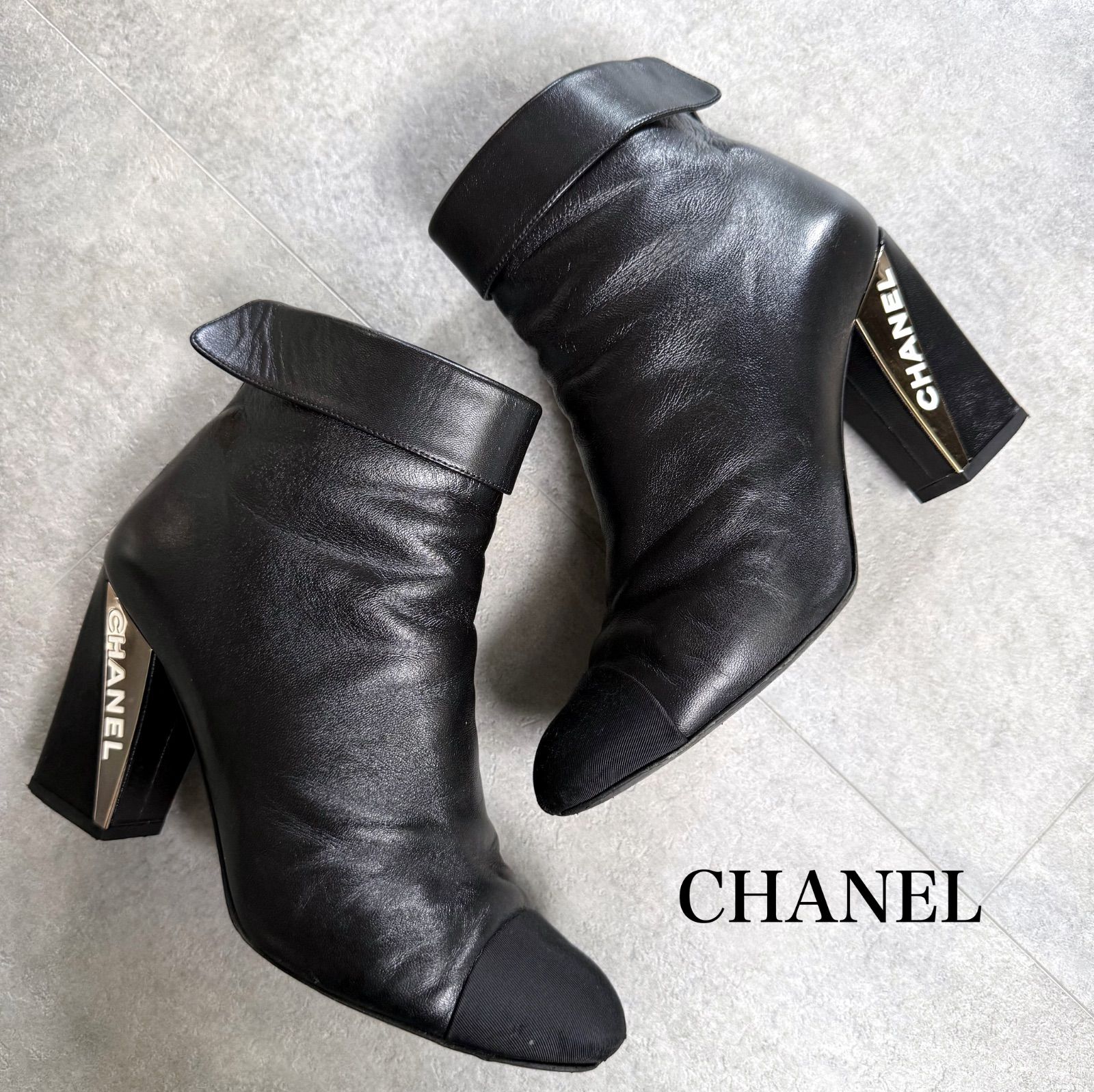 CHANEL ロゴ ココマーク ショートブーツ ブラック レザー 38C 25cm