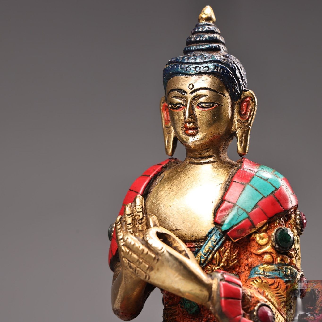 旧家蔵出し 銅製 描金 寶石嵌 釋迦牟尼像 仏像 宗教 供養品 古