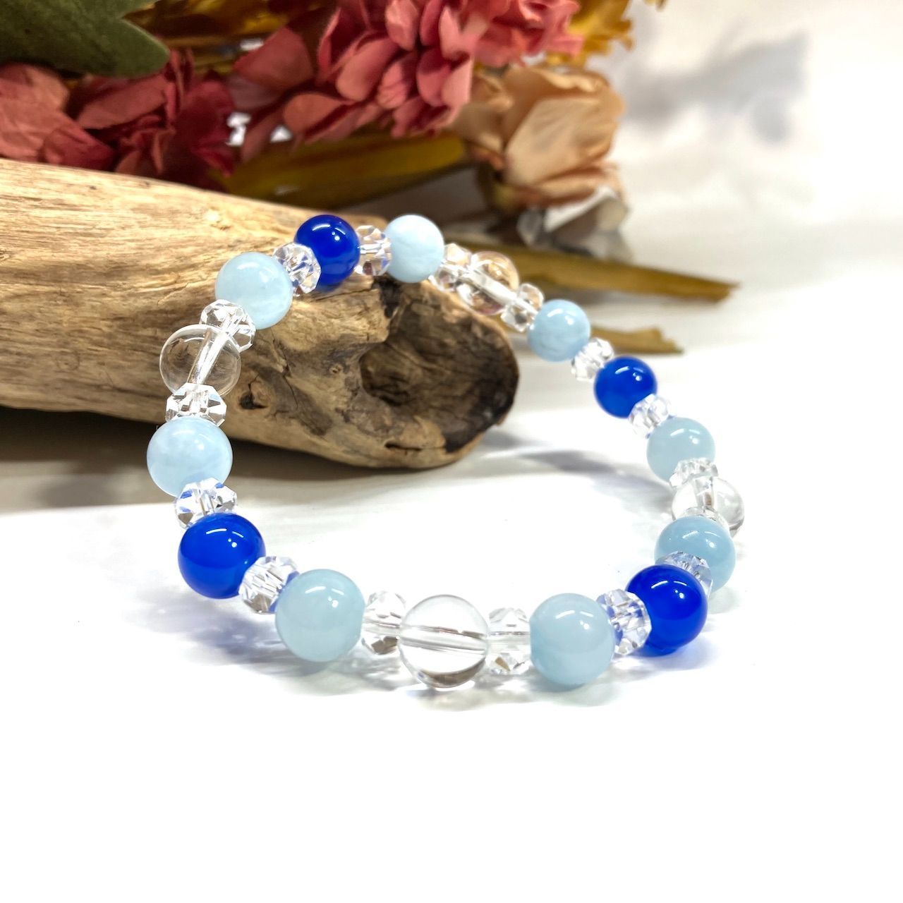 アクアマリン 青瑪瑙 水晶 天然石 パワーストーンブレスレット 8mm