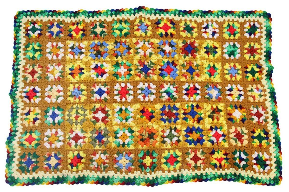 スクエア モチーフ ニット グラニー ブランケット H カギ編み ラグ ハンドメイド パッチワーク インテリア ビンテージ