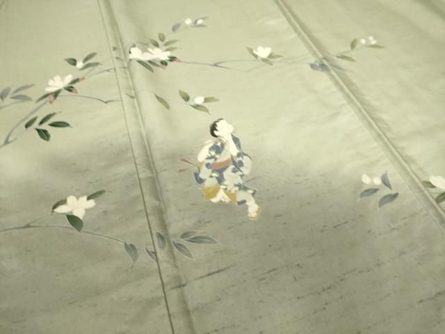 平和屋着物▽十日町友禅作家 越村幸雪 訪問着 単衣 紬地 童子遊び花文