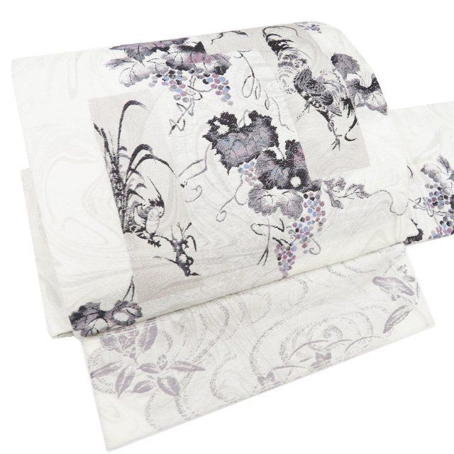 QJLLSS 和樂　伊藤若冲　特選アンティーク名古屋帯　鳥　モノトーン QJLLSS 和樂 伊藤若冲 特選アンティーク名古屋帯 鳥 モノトーン