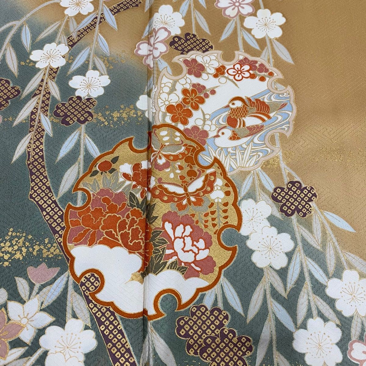 袷、正絹、とっても素敵な枝垂れ桜 訪問着 身丈157.5cm 裄丈64cm M 袷 やまと 枝垂れ桜 雪輪 金彩