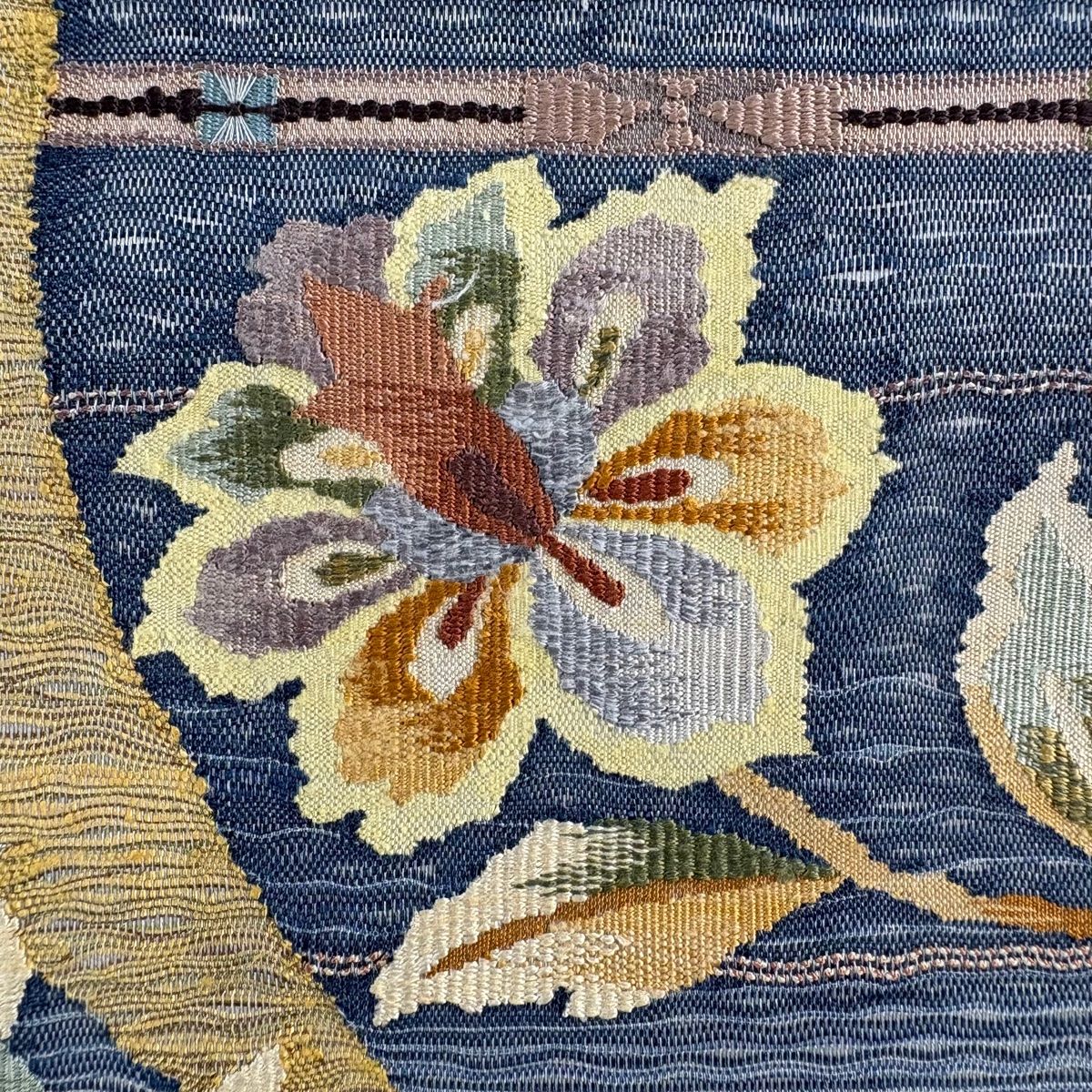 袋帯 秀品 草花 青灰色 お太鼓柄 正絹