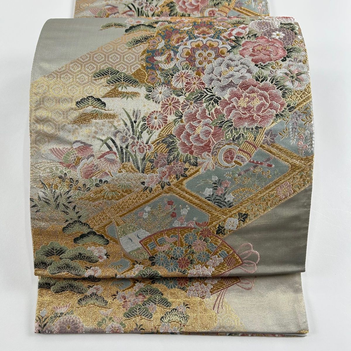 袋帯 美品 秀品 扇 花鳥 金糸 箔 灰緑 六通 正絹 【中古