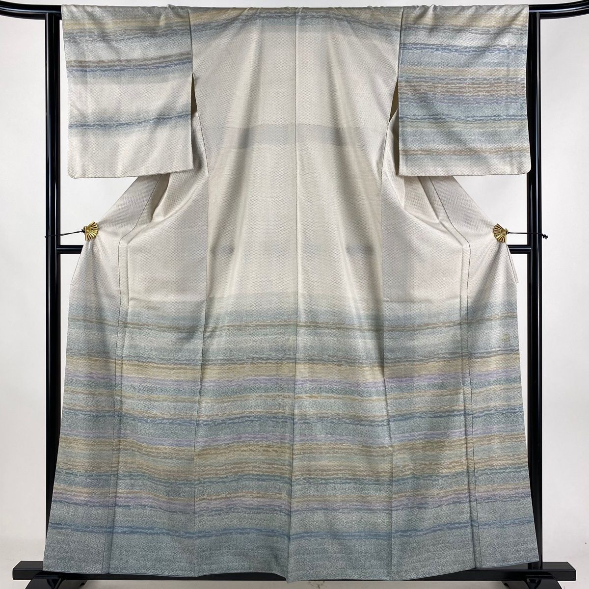 訪問着 身丈160cm 裄丈63.5cm S 袷 紬地 落款 横縞 灰白 正絹 秀品