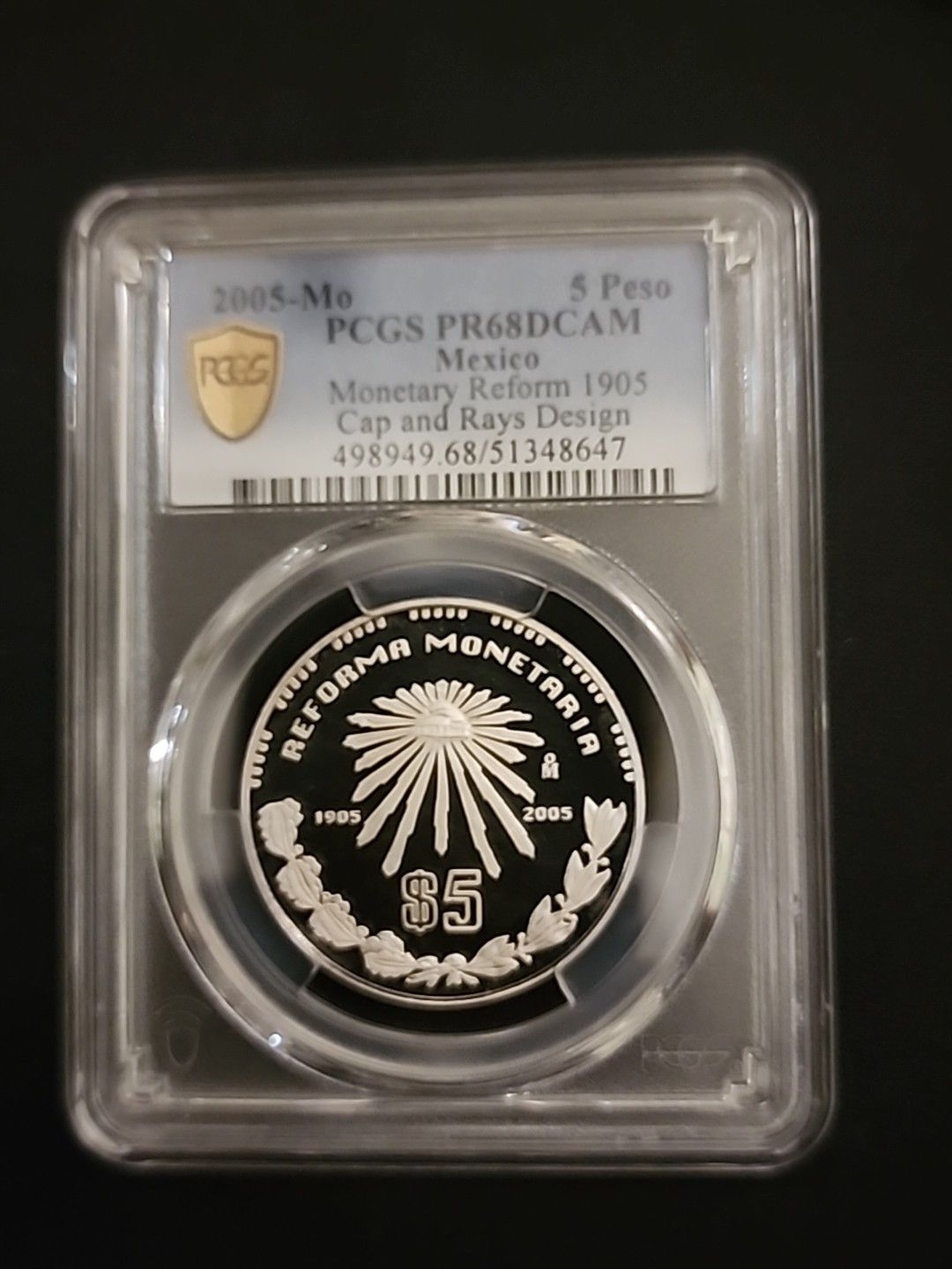 2005 MEXICO 5 PESOS REMA MTARIA PF69 PCGS GOLD SHIELD