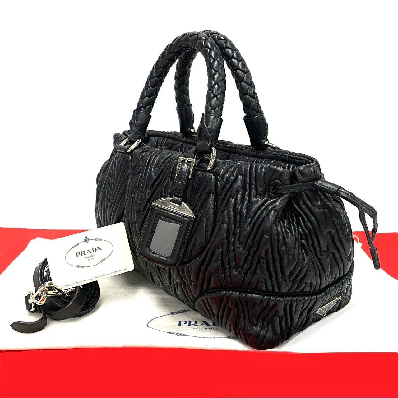 極 美品 希少品 袋付 PRADA プラダ 三角ロゴ 金具 レザー 本革 2way 
