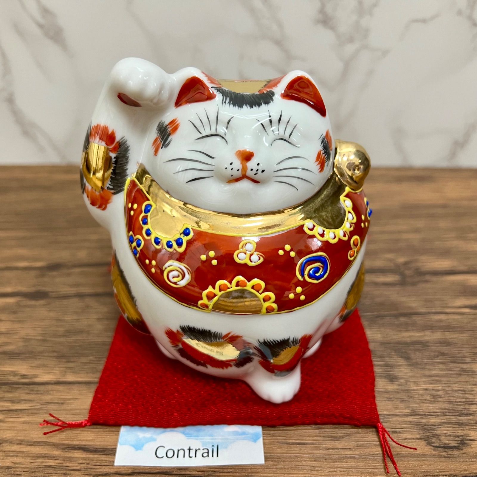 九谷焼】4号 招き猫 金三毛 座布団付 縁起物 置物 右手 金運 Kutani