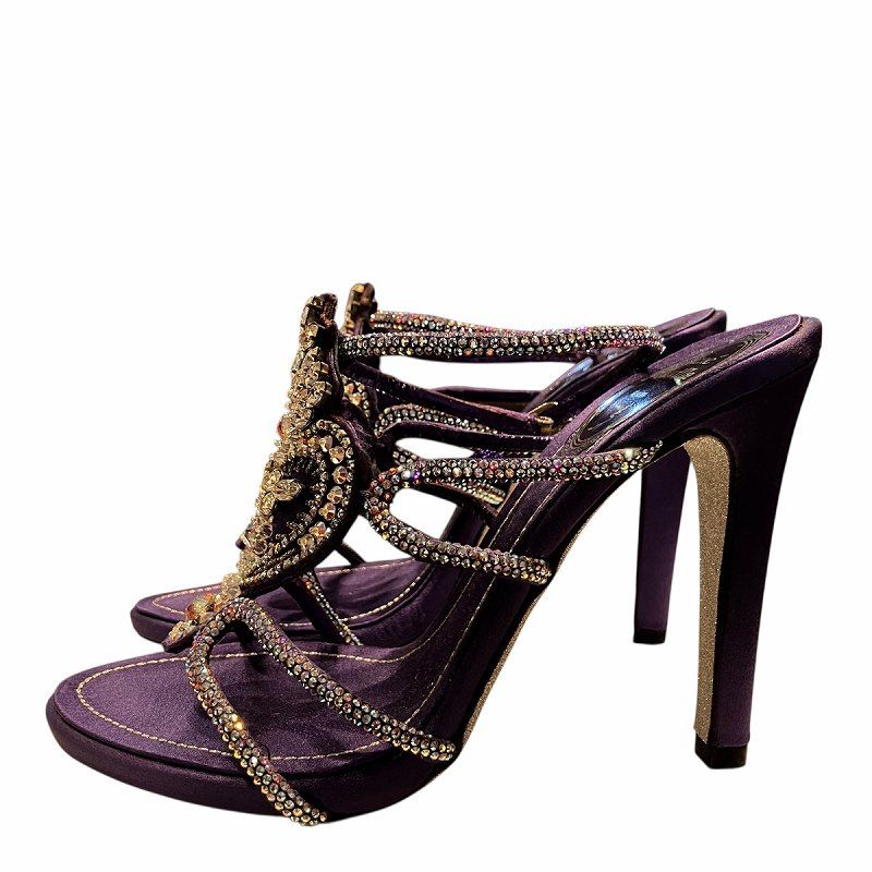 レネカオヴィラ Rene Caovilla ストラップサンダル ハイヒール ラインストーン レザー サテン 36.0 紫 パープル