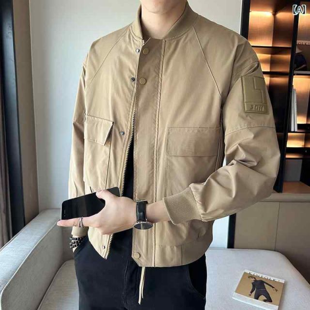 [M]メンズ 服 シンプル ファッション オシャレ 大人 かっこいい 大きいサイズ ストリート 紳士服 ライト ハイエンド ファッション ベースボール カラー ジャケット ワークジャケット 秋 無地 カジュアル アメリカン