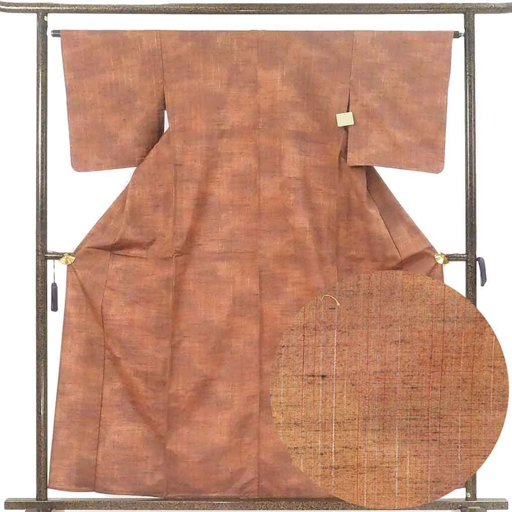 紬 身丈160cm 裄64cm 前幅24cm 後幅30cm 袖丈49cm 袖幅32cm レディース 単衣 無地 裄Mサイズ 初夏 初秋用 正絹 シルク ブラウン ♥品 リメイク リユース リサイクル 呉服のきくや