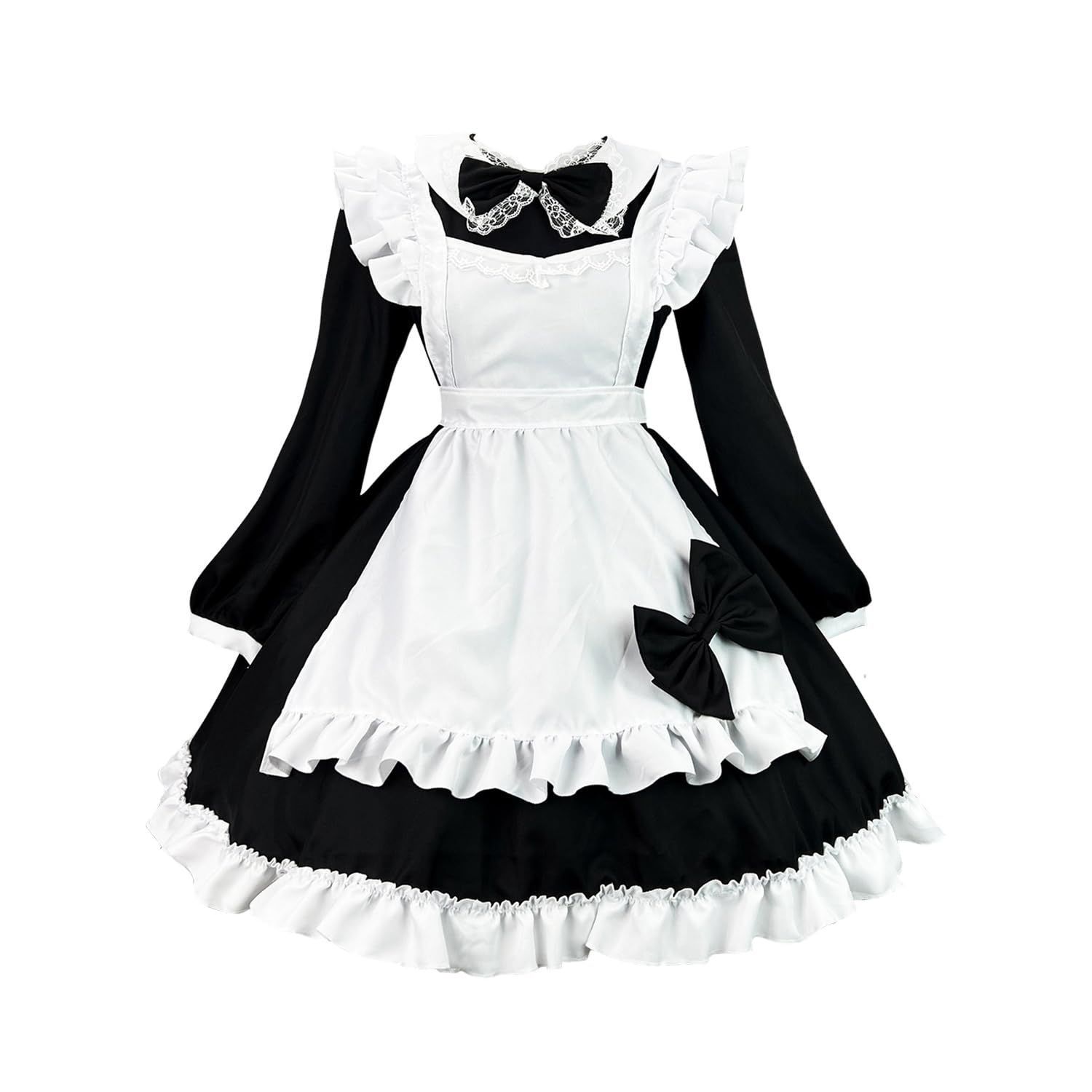 Color:ブラック_Size:XL [Sharphon] メイドカフェー 黑 メイド服 フリル 長袖 メイド 定番 衣装 フルセット 仮装 コスチューム 可愛い 男ウケ セクシー 大きいサイズ 大人 レディース ハロウィン バレンタイン REI410