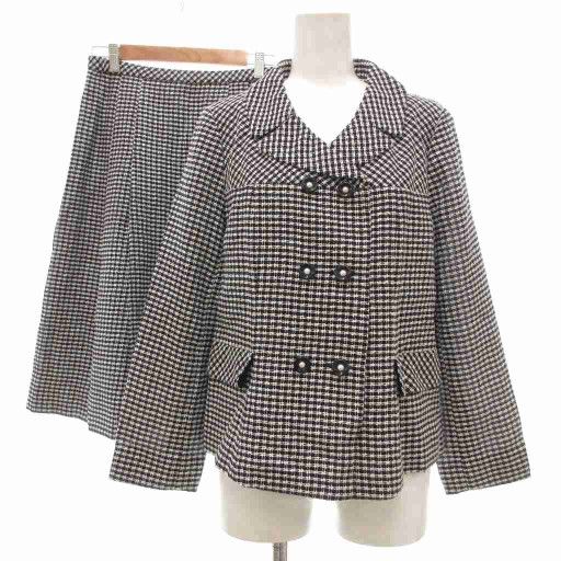 レリアン Leilian セットアップ ツイードジャケット フ スカート ダブル ひざ丈 チェック柄 11 黒 ブラック 白 ホワイト |NU