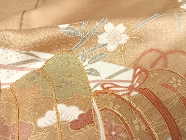 平和屋着物○訪問着 駒刺繍 舞扇草花文 金糸 金彩 正絹 逸品