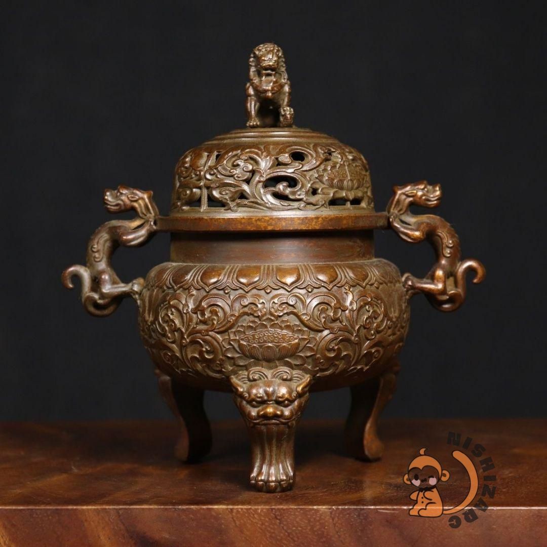 安全性のある 銅製 獅蓋三足炉 宣徳炉 焼香炉 香道具 置物