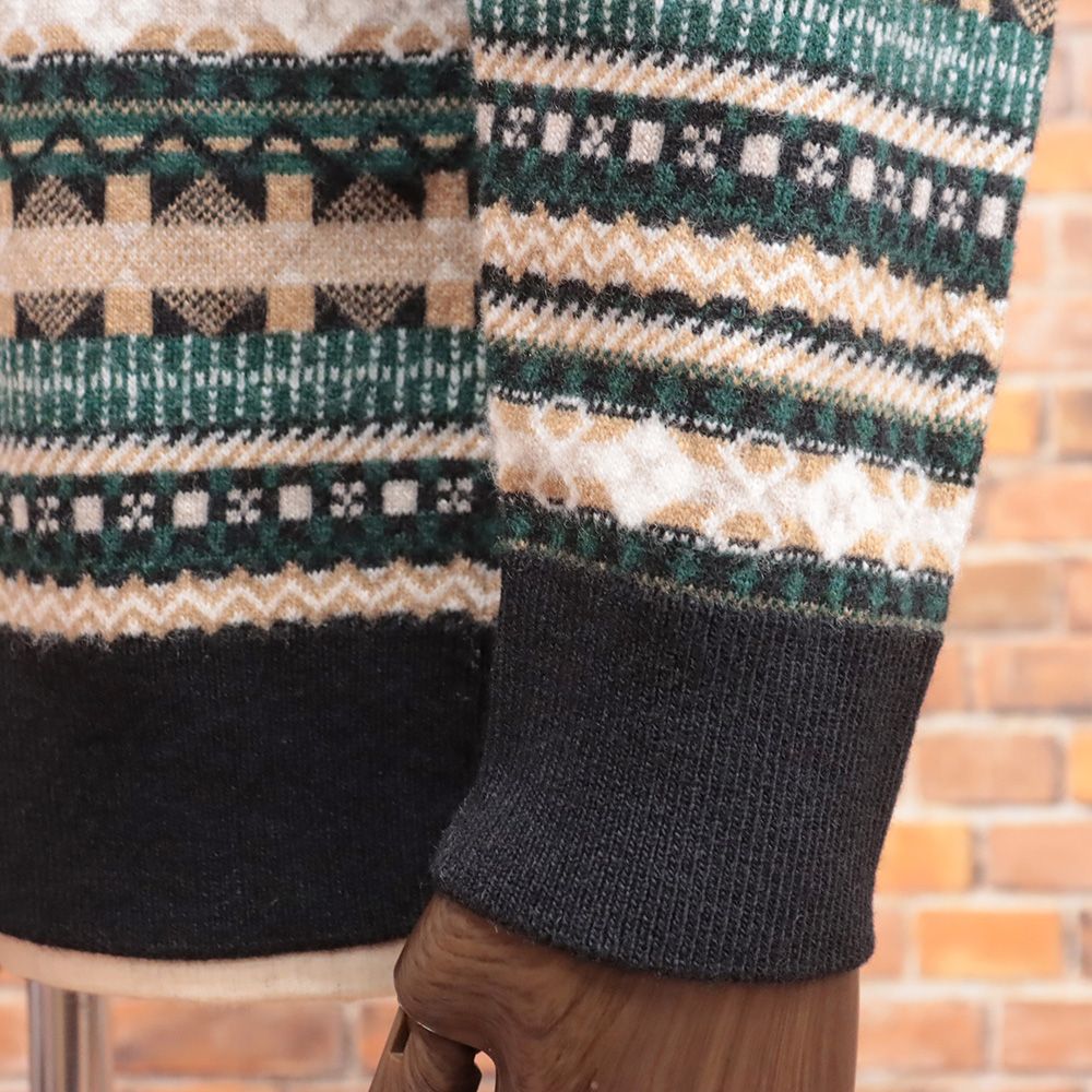 送料込 25秋冬 MASQ 50サイズ ニットポロシャツ M5625-7031 イタリア製 長袖 フェアアイル柄 メリノウール ジャカード 今期 メンズ 紳士 マスク ベージュ×グリーン mc387