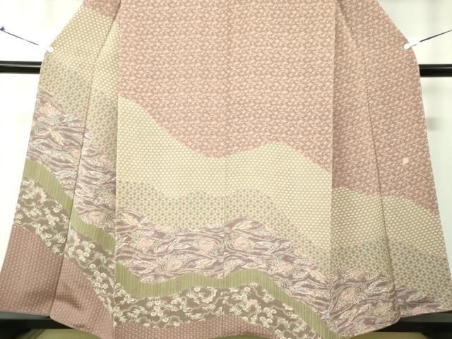 平和屋着物○訪問着 作家物 型染 道長舞蝶花文 笹蔓緞子 鬼しぼ縮緬