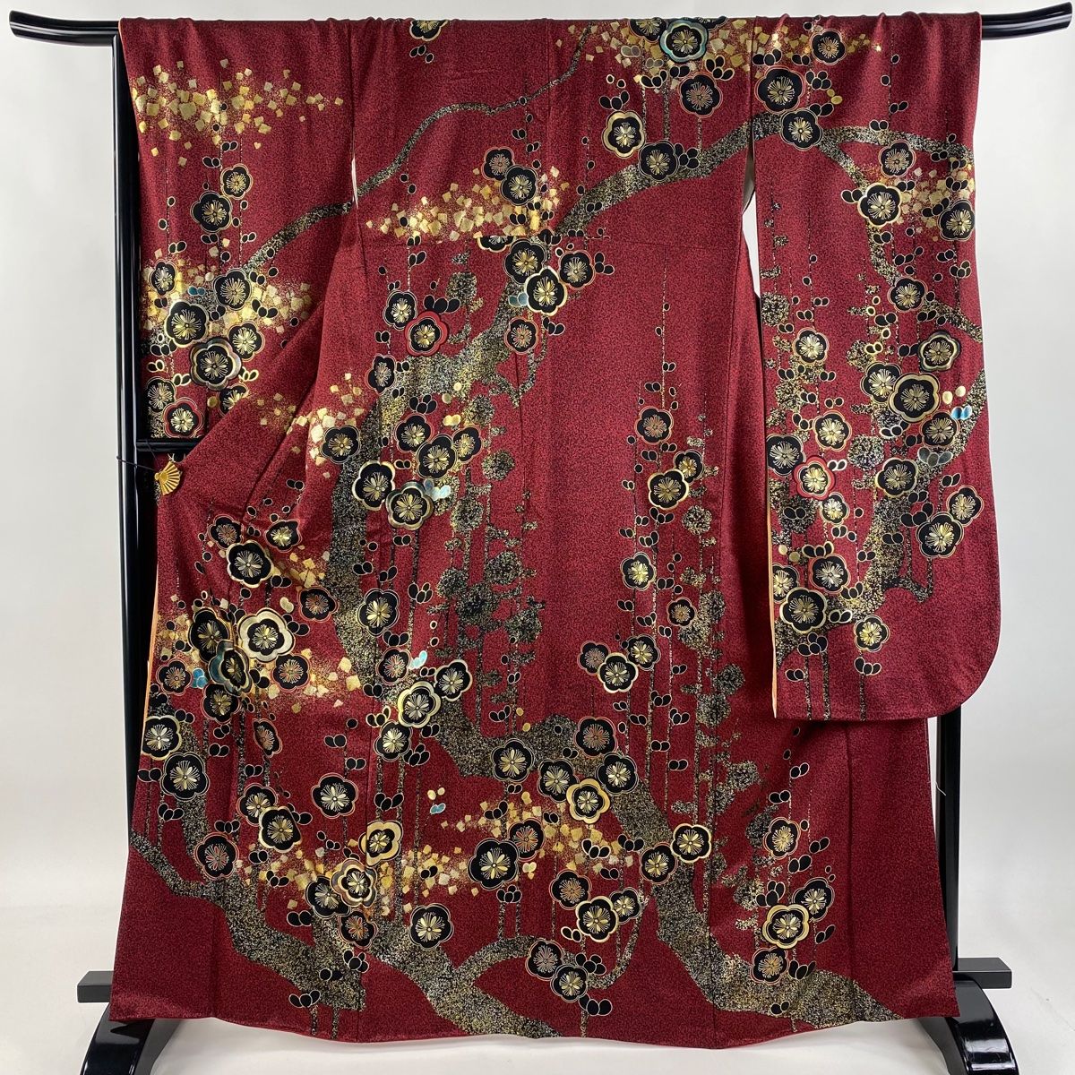 振袖 身丈165cm 裄丈69cm L 袷 梅 箔散らし 金銀彩 金糸 えんじ色 正絹 秀品