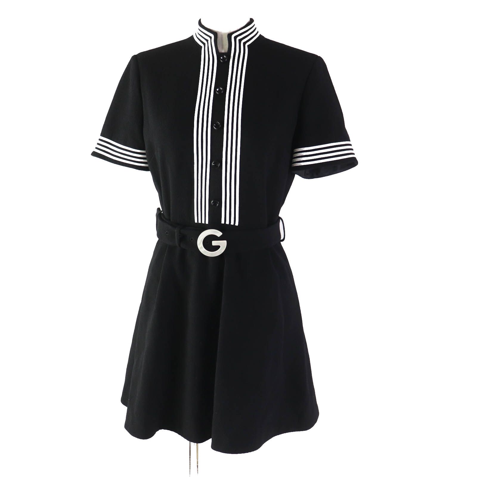 ◎GUCCI グッチ 2020年製 643352 ウール 裏地シルク TWICE ツウィ着用 Gベルト付き 半袖ワンピース ブラック 38 イタリア製 レディース