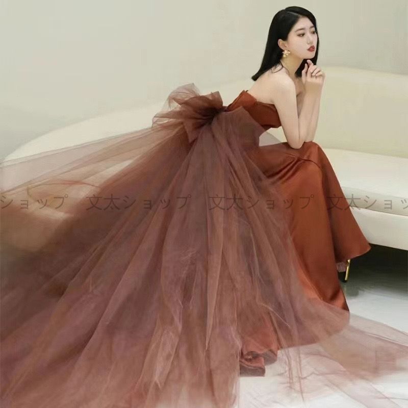 カラードレス ウェディングドレス ブラウン サテン ソフトマーメイド