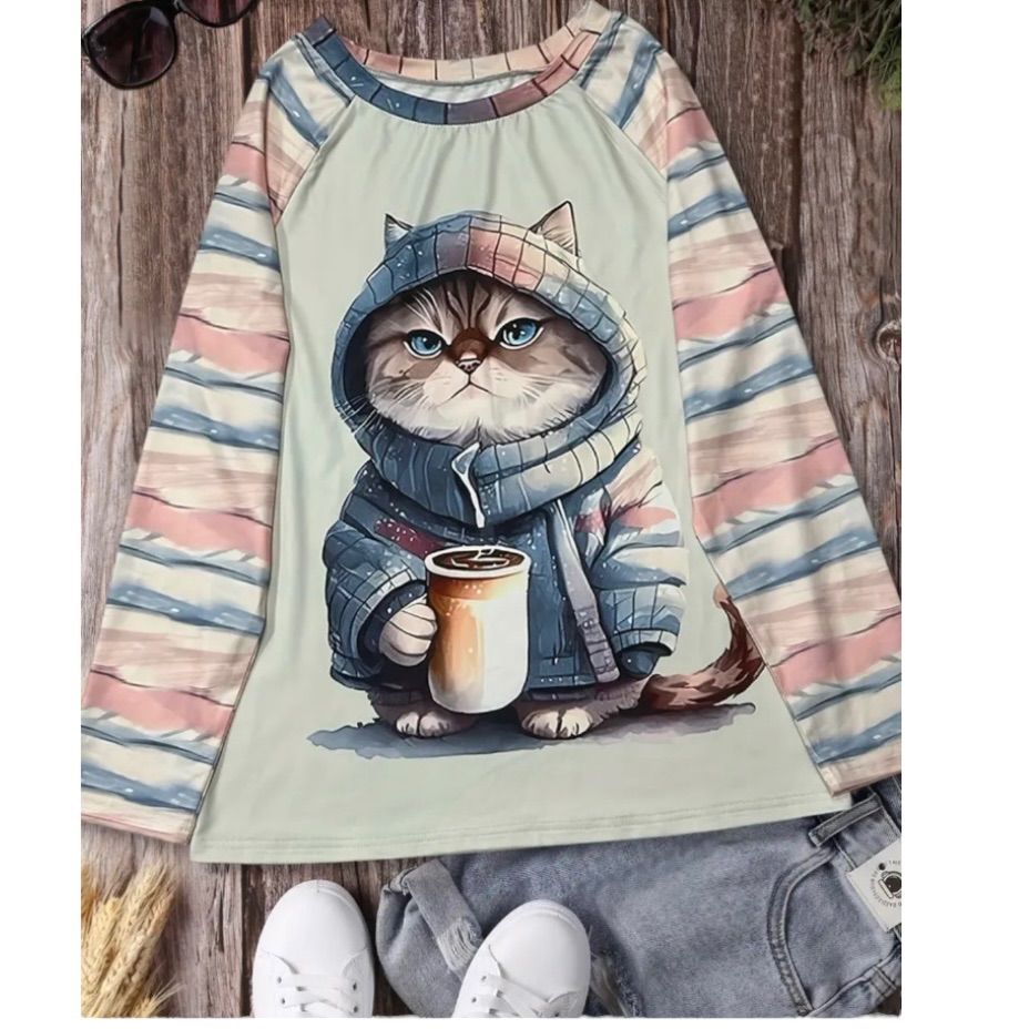 匿名配送】レディース プリントtシャツ 猫のイラスト 長袖T