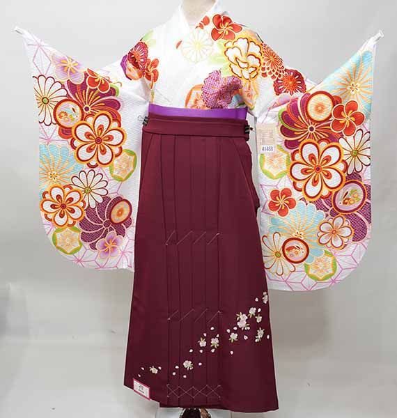 二尺袖 着物 袴フルセット ジュニア用へ直し 135cm～150cm From KYOTO 白地 袴変更可能 卒業式 NO41468-02