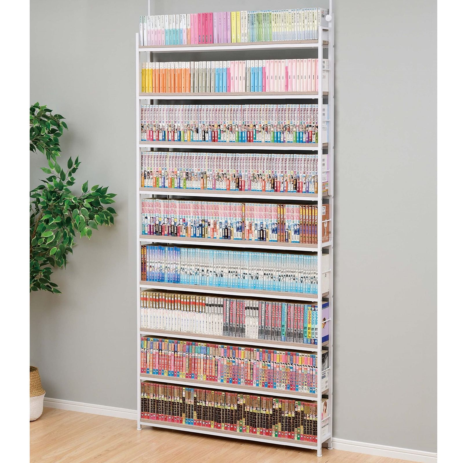 【数量限定】全体耐荷重180 スリム 幅101×奥行15.5×高さ210.5-270 大容量 壁面収納 ラック (突っ張り) 組立品 本棚 アンティークアイボリー [山善] RTRS-10015(AIV/SWH)