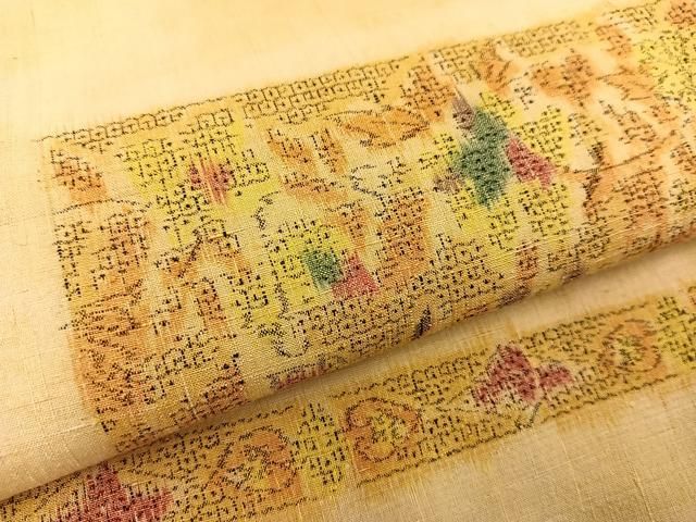 平和屋着物○本場結城紬 横段草花文 証紙付き 正絹 逸品 未使用