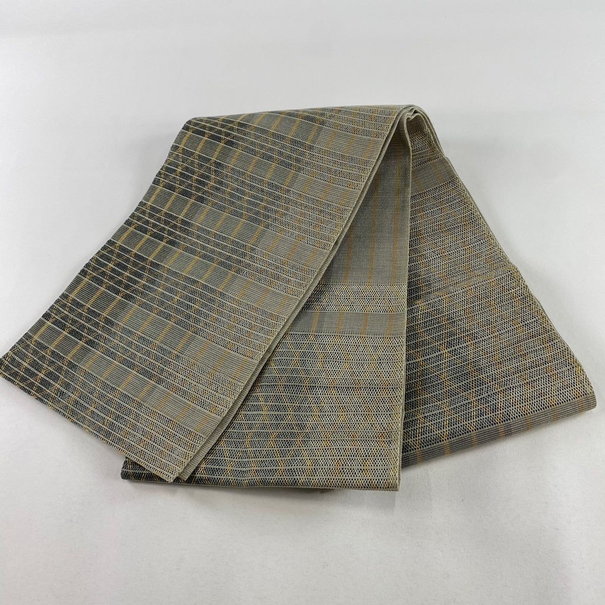 ［お太鼓柄］袋帯　未使用品　451cm 保管中のヨゴレ有り O-354 袋帯 美品 逸品 ワニ 歯磨き 金通し ベージュ お太鼓柄 正絹