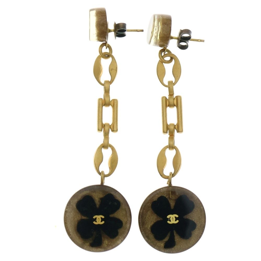 CHANEL シャネル ココマーク クローバー レジン チェーン ドロップピアス ゴールド 01C