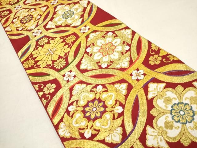 平和屋着物○振袖用 六通柄袋帯 唐織 七宝花文 金糸 正絹 逸品