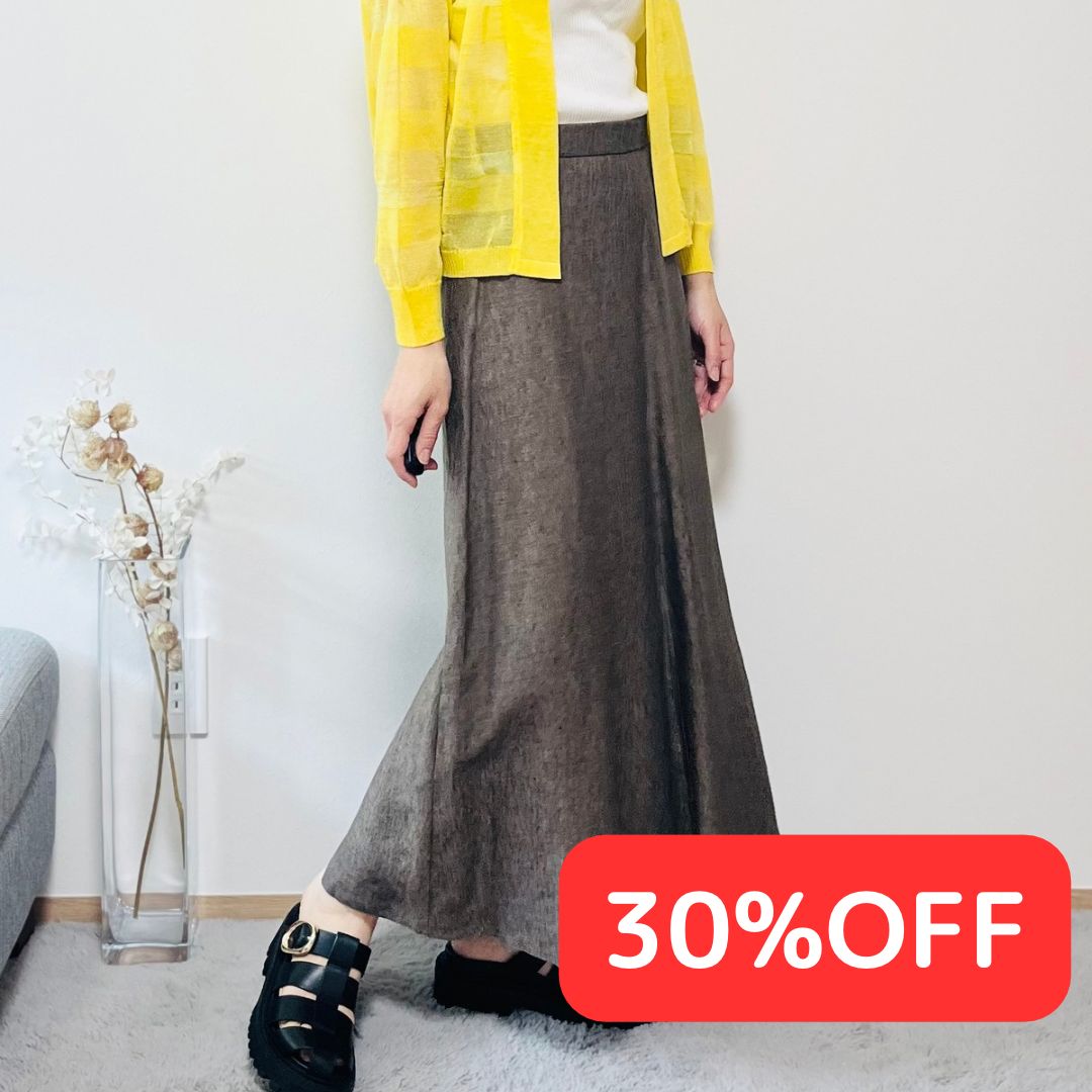 【30％OFF】【新品】【未使用】【タグ付】【送料無料】｟TROIS  BONHEURS｠（ケントゥ）リネンフレアスカート（40サイズ/ブラウン）14−41084