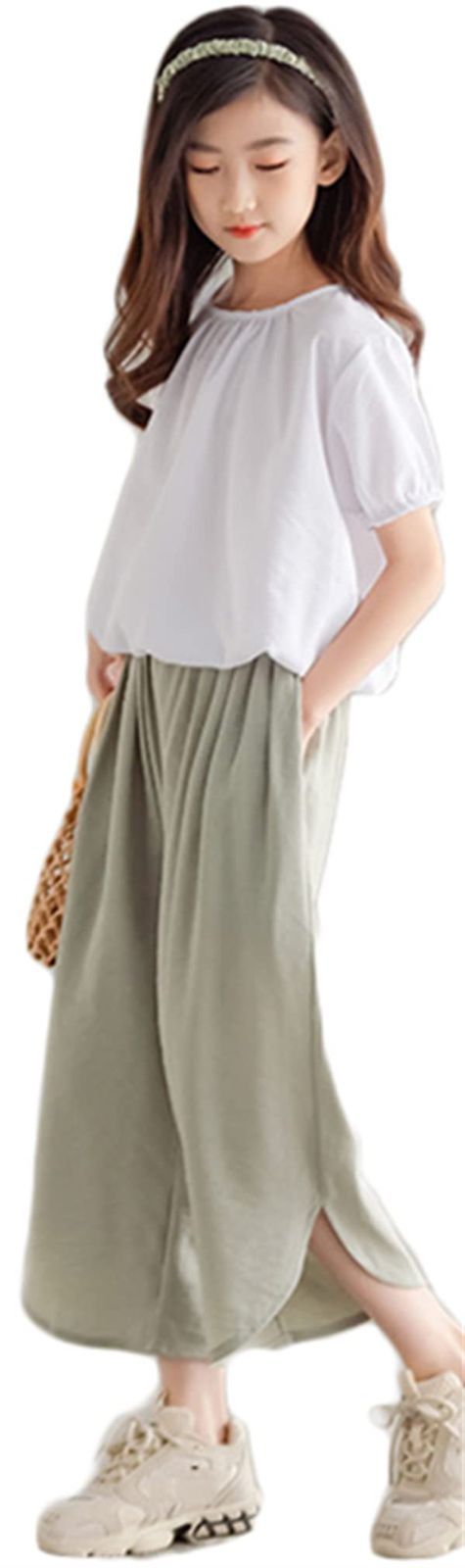 数量 Tシャツ ルームウェア 洋服 ガールズ キッズ服 夏服 トップス ストレートパンツ 半袖 ゆったり ワイドパンツ 普段着 2点セットアップ 通園 通学 子供服 可愛い パフスリーブ 女の子 カジュアル 上下セット 旅行 海遊び CREAM 夏