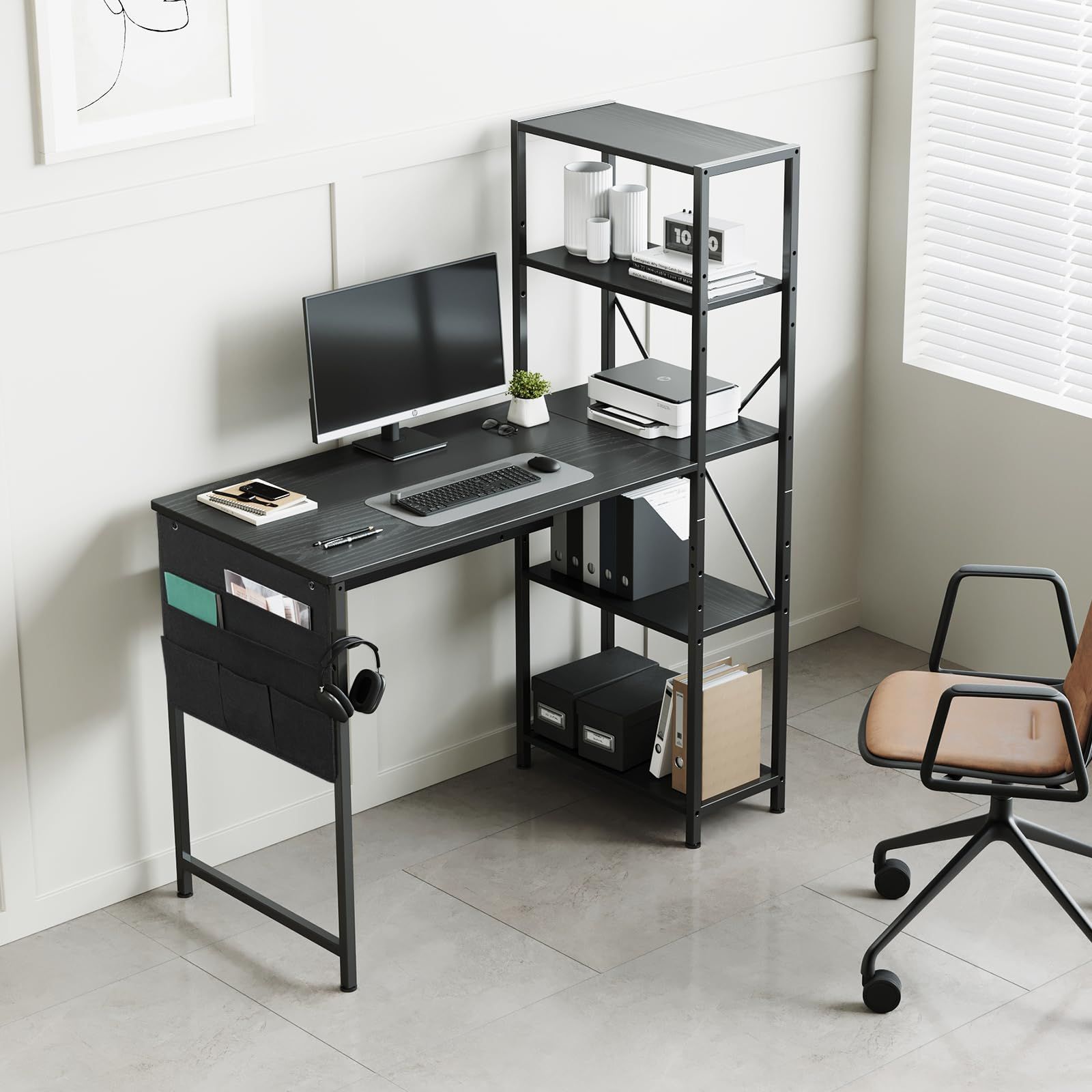 机 ラック付き pcデスク パソコンデスク YeTom 幅104cm×奥行48cm A4対応 在宅ワークデスク オフィスデスク 収納ラック 収納袋付き 勉強机 学習机 左右入替可 可動式棚板 テレワーク 黒い MARWIL-DEMENAGEMENTS_CH