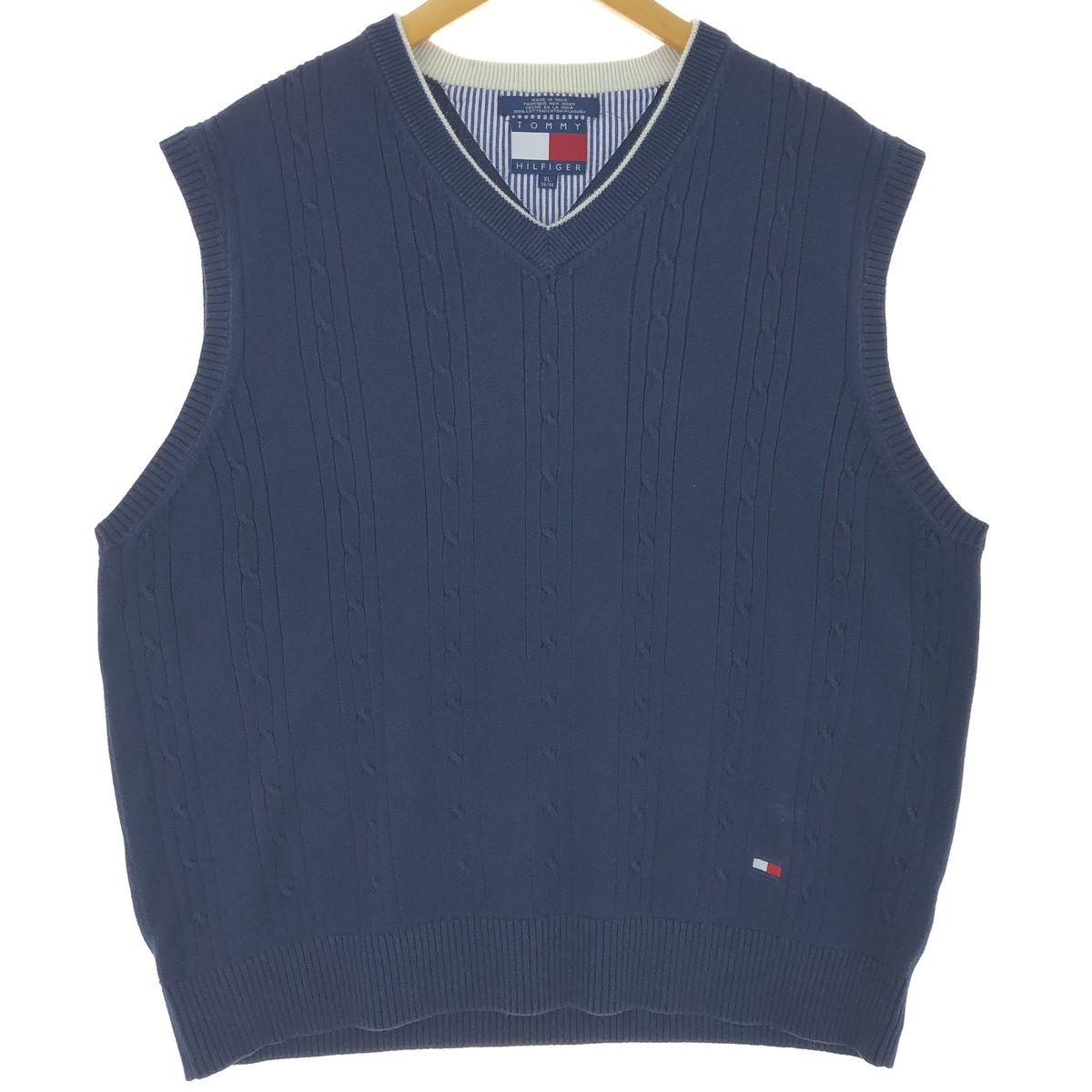 古着 90年代 トミーヒルフィガー TOMMY HILFIGER ケーブル編み Vネック コットンニットベスト メンズXL相当 ヴィンテージ/eaa463848