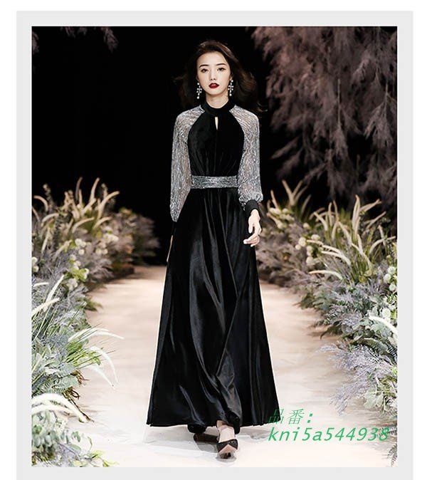 ピアノ 発表会 ドレス 長袖 秋冬 ベロア ピアノ発表会 キラキラ 母親 フォーマル 結婚式 袖付き 大人 黒ドレス ロングドレス ワンピース 演奏会 kni5a544938