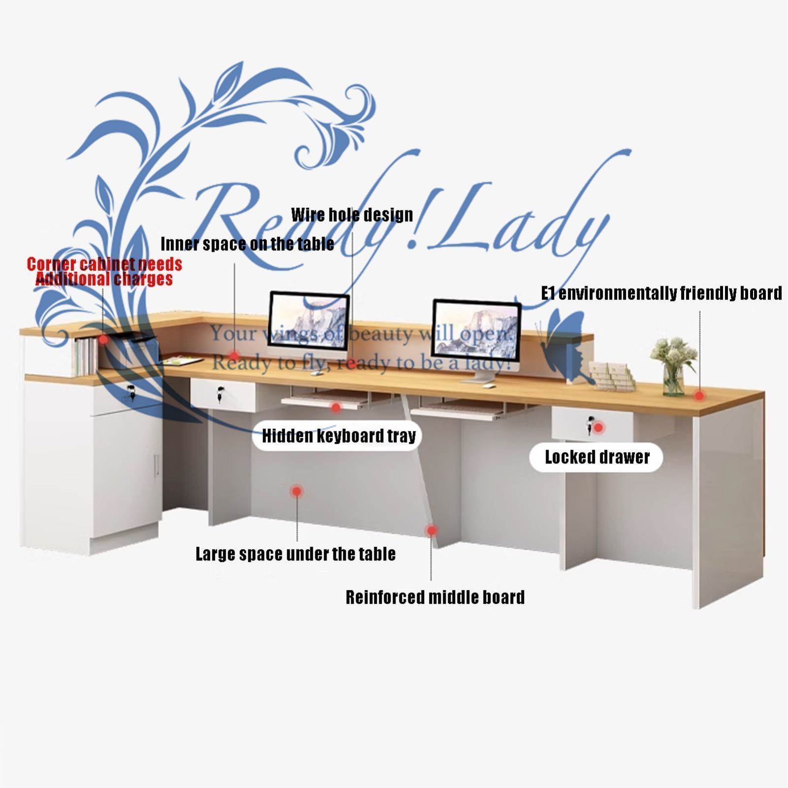 オープンシェルフとロック機能付き木製フロントカウンターテーブル LEDライト付きフロントデスク