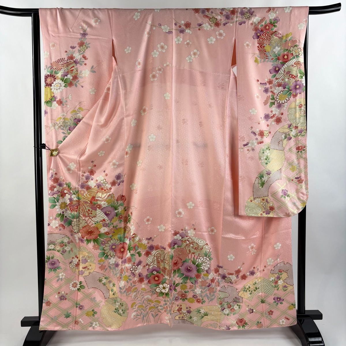 振袖 身丈161cm 裄丈65cm M 袷 扇 雪輪 金糸 金彩 薄ピンク 正絹 秀品