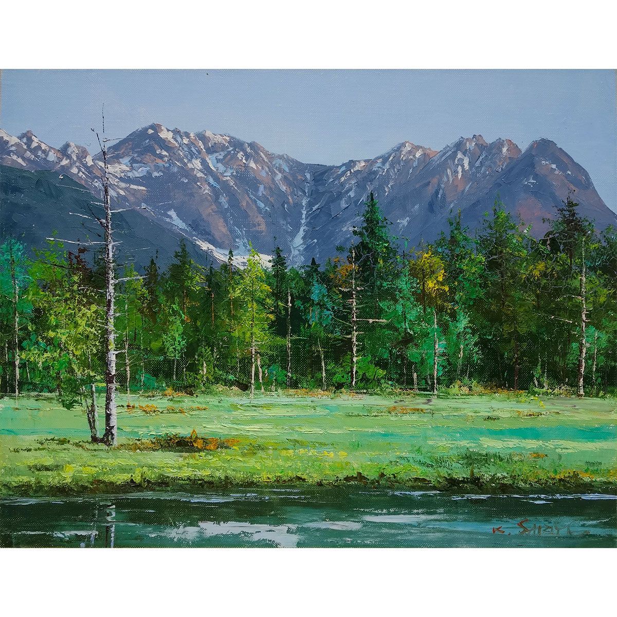 油彩画 F6号 西条巧 上高地 田代池 額入り 油絵 真筆 手描き 肉筆 風景画 山岳風景 景勝地 梓川 焼岳 トレッキング 爽やか 癒し YE520