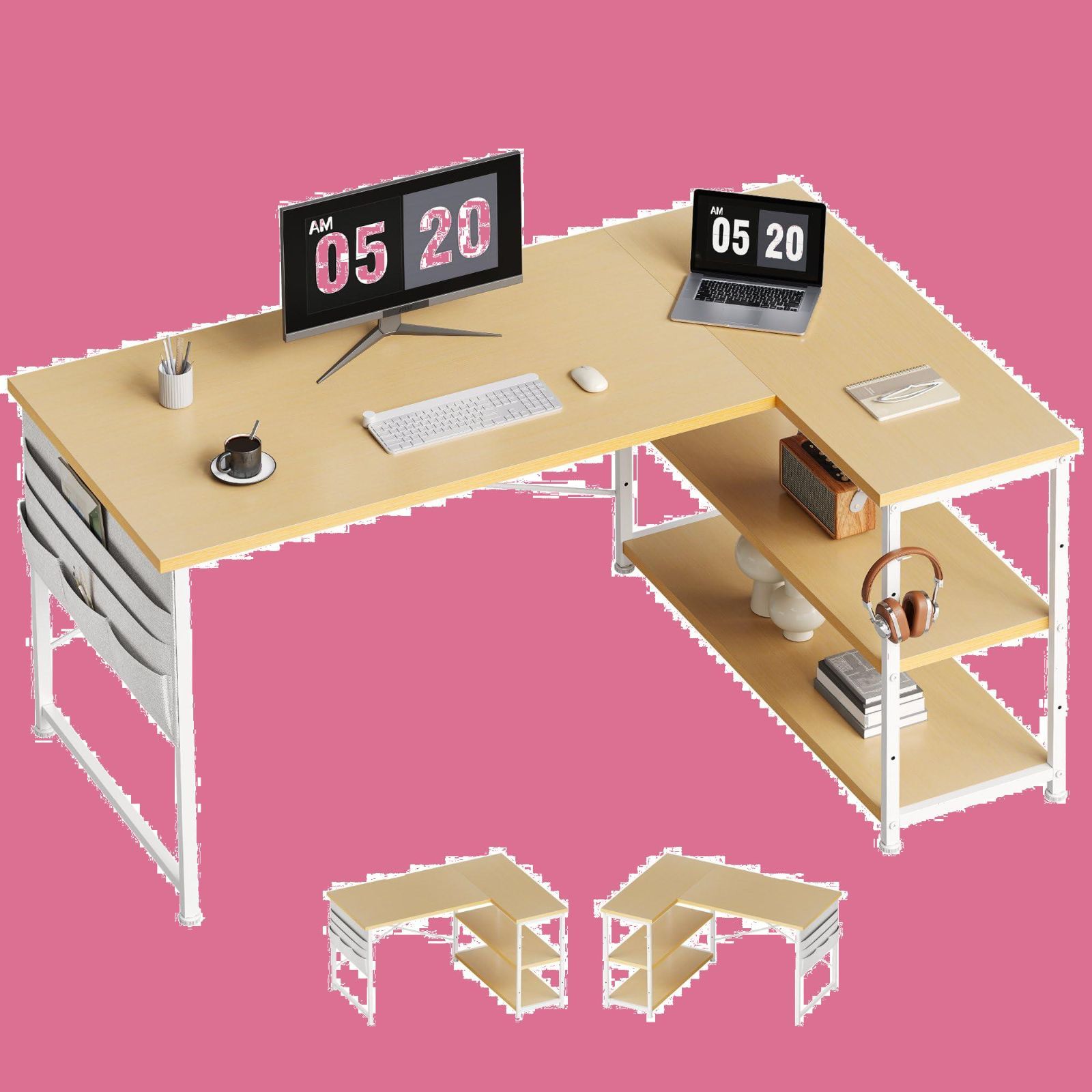 デスク l字デスク 机 pcデスク右棚左棚 幅107cm 勉強机 子 作業机 ワークデスク YeTom computer desk ban hc 学習机 収納袋付きパソコンデスク コーナーデスク モニターアーム取付対応 ダークブラウン