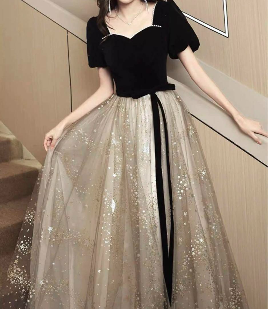✟ 星柄がオシャレなパフスリーブイブニングドレス?.?