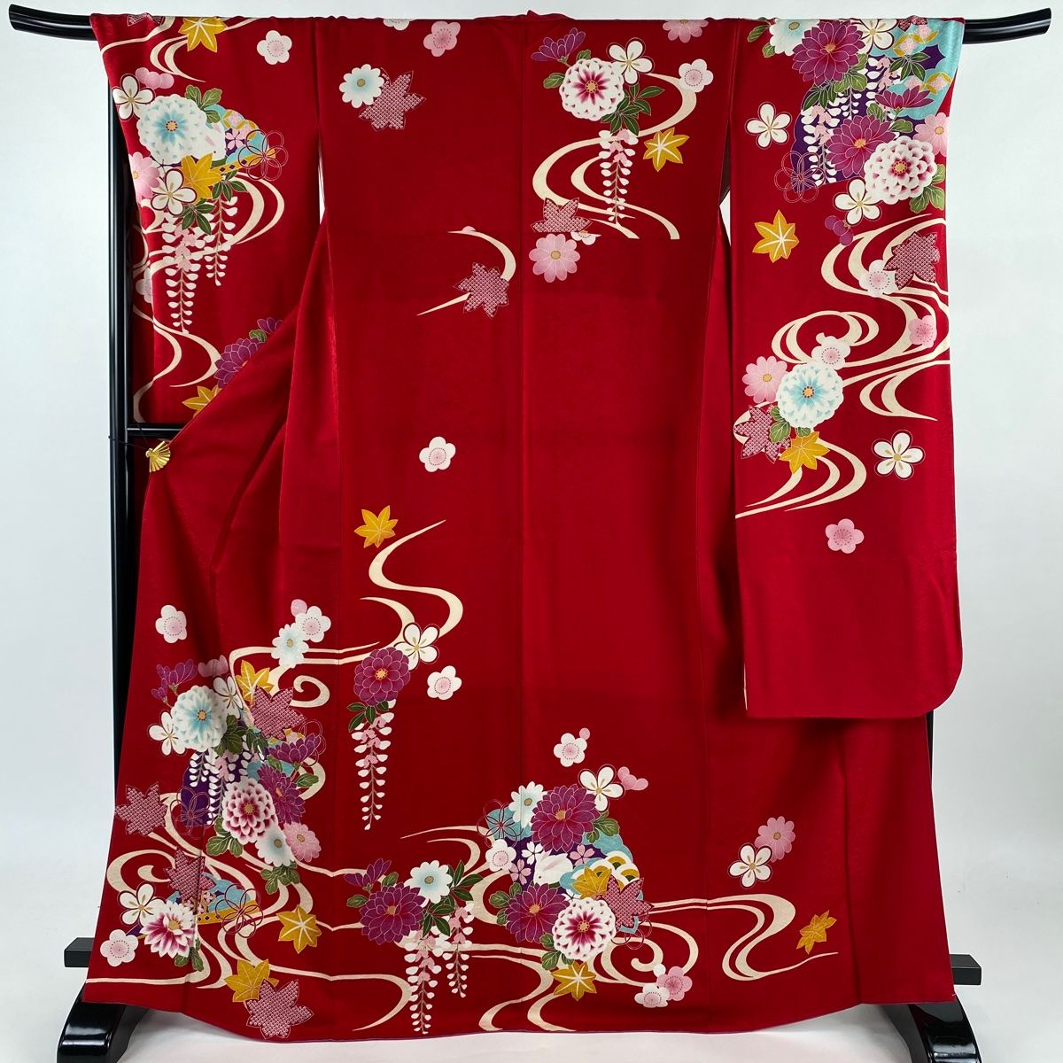 身長170cm　裄丈70cm　ゆったりサイズ　汕頭風刺繍　正絹振袖　i288 訪問着 身丈172cm 裄丈66cm M 袷 コプト柄 金糸 刺繍 黒 正絹 美