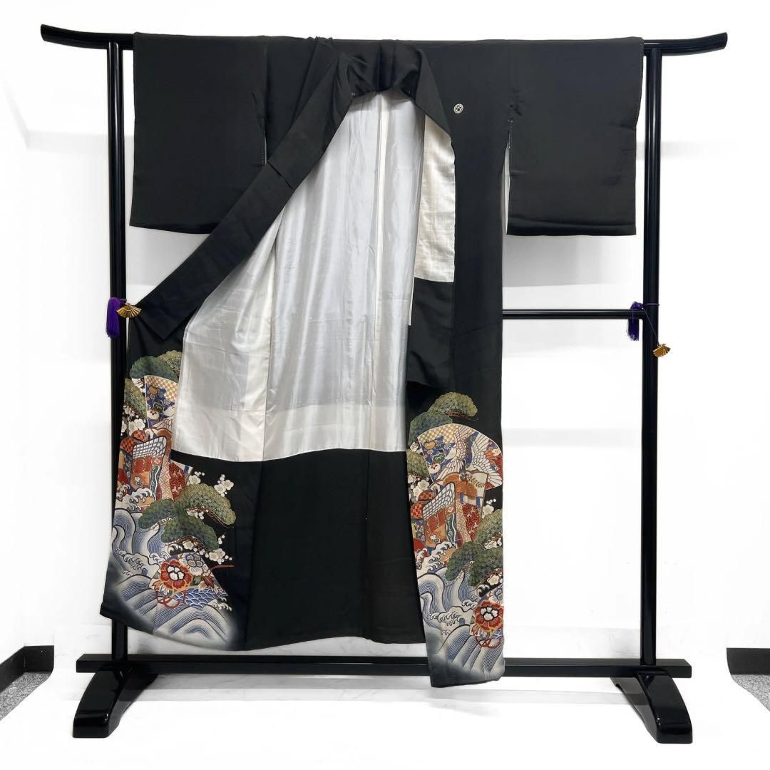 アンティーク 黒留袖 金彩 五つ紋 扇 御所車 波 松 鶴 着物 094b d