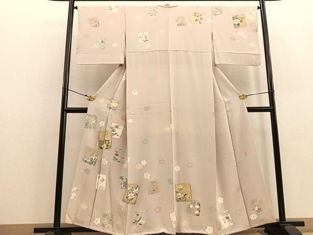 作家物 撫子に蝶模様 金彩 金駒刺繍 砥粉色系 正絹 単衣 訪問着 着物 作家物 撫子に蝶模様 金彩 金駒刺繍 砥粉色系 正絹 単衣