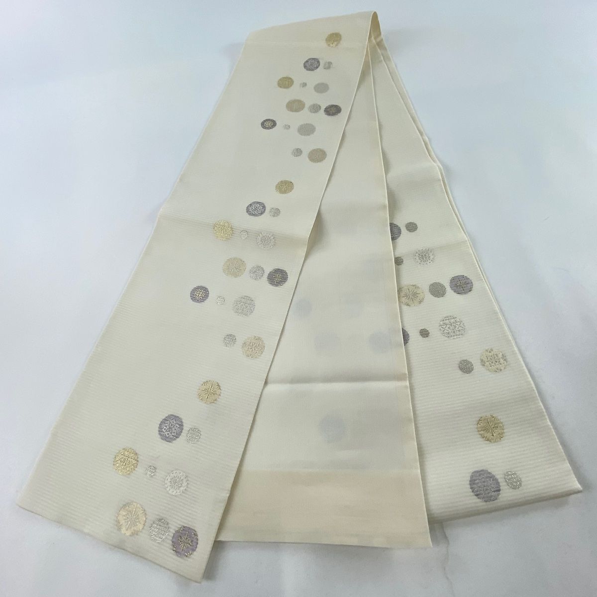 袋帯 美品 秀品 夏帯 絽 丸文 幾何学模様 金銀糸 箔 クリーム 六