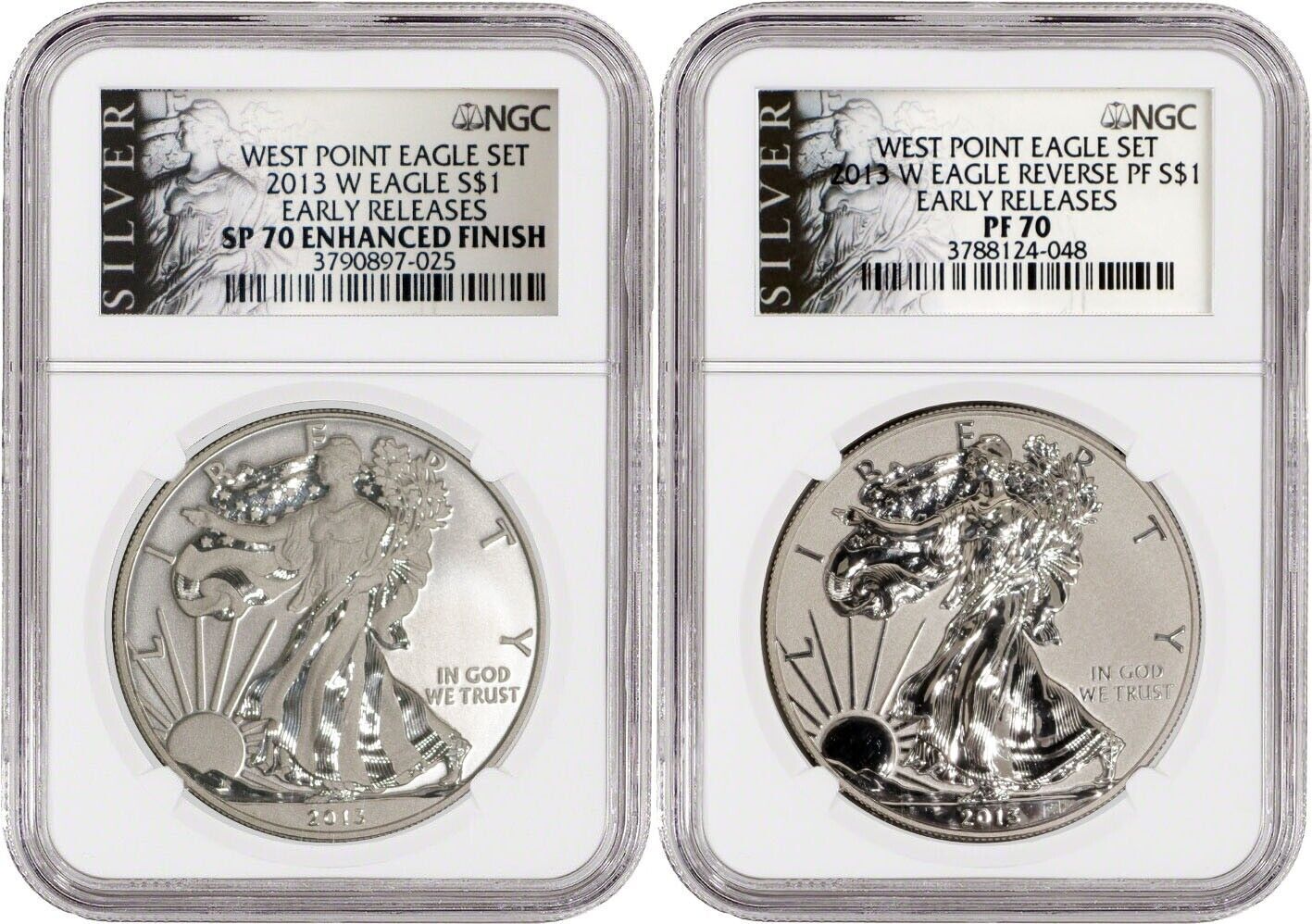 2013 W $1 Enhanced Finish Proof Silver American Eagle Set Of 2 NGC SP70 PF70 2