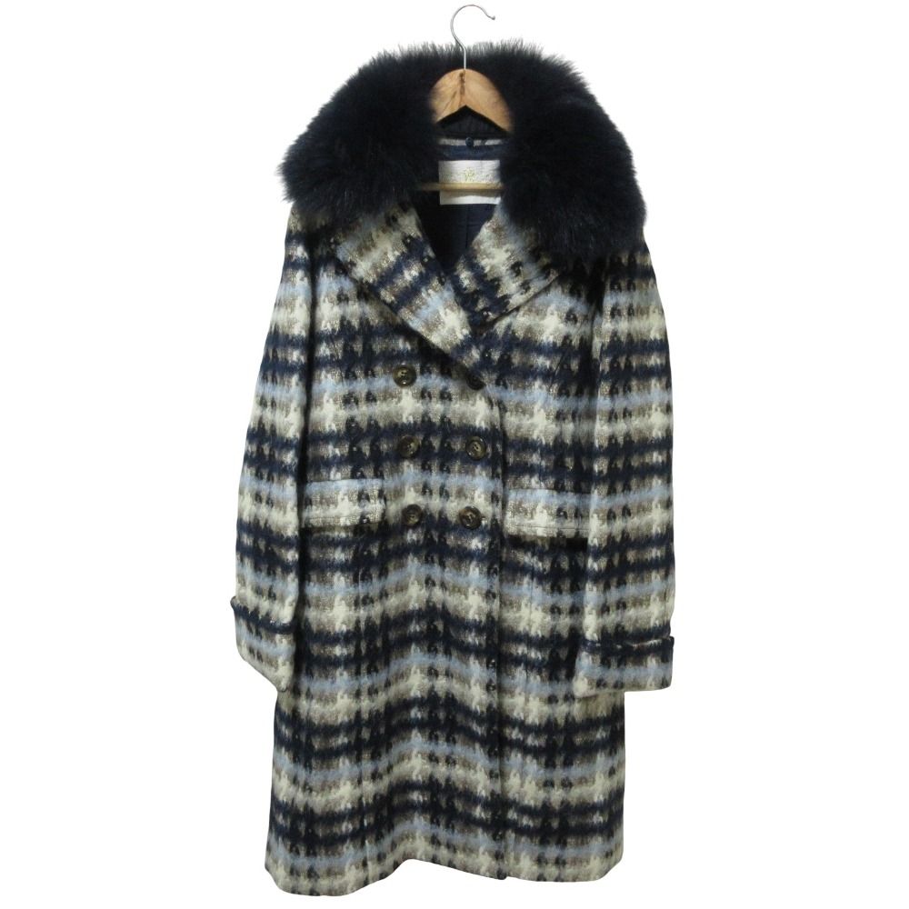 GRACE CLASS グレースクラス モヘア アルパカブレンド フォックスファー衿ラメチェックコート ダブルブレストコート 38 ネイビー レディース 古着